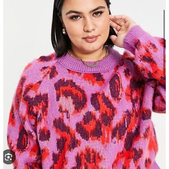 ASOS DESIGN Curve Sweater Animal Pattern Lilac Red Womens Sz 18 - Picture 1 of 9